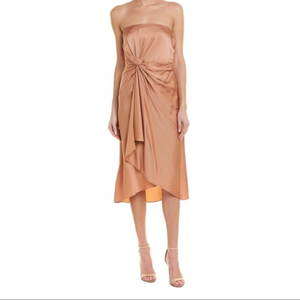 A.L.C. Roya Strapless Knot Front Midi Satin Dress Pink Cocktail Bridesmaid Party
